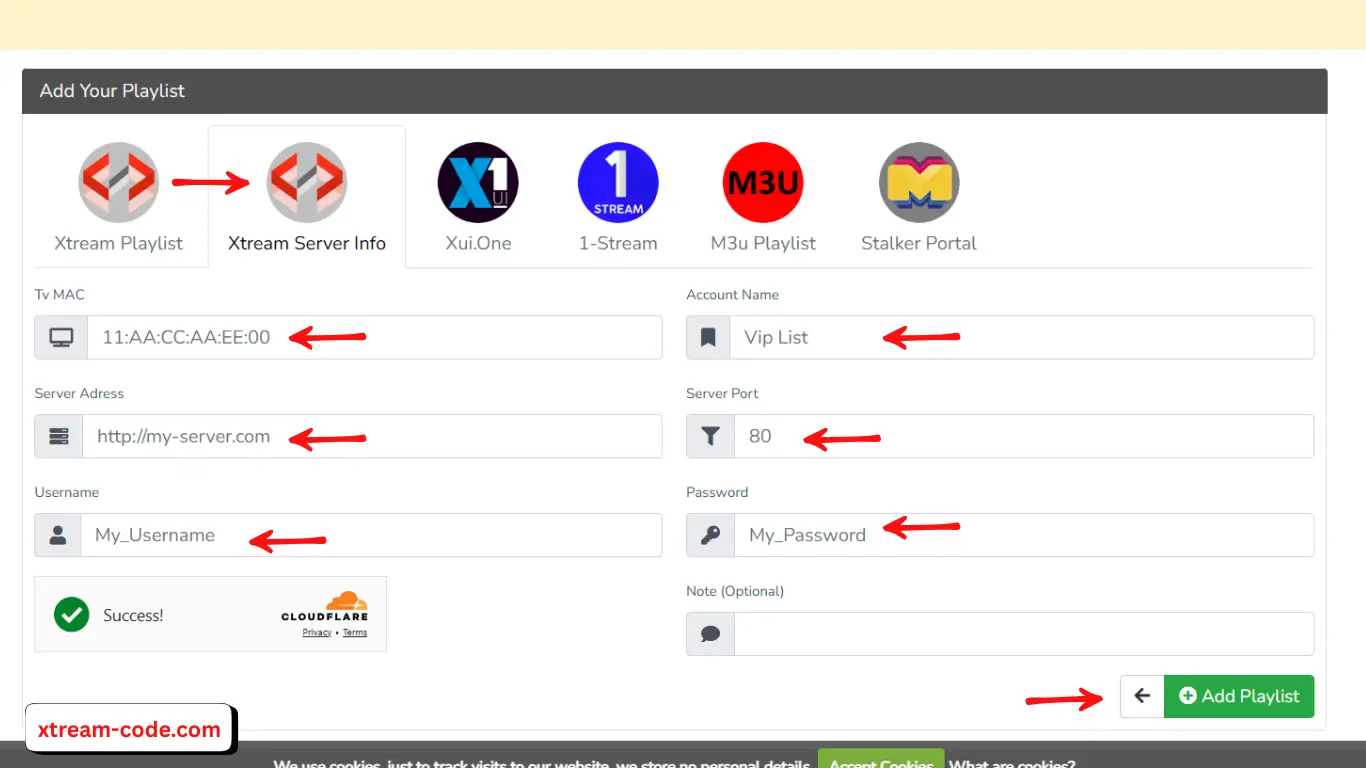 Choose “Xtream Server Info,” enter your Xtream Code details, and press “Add Playlist.”