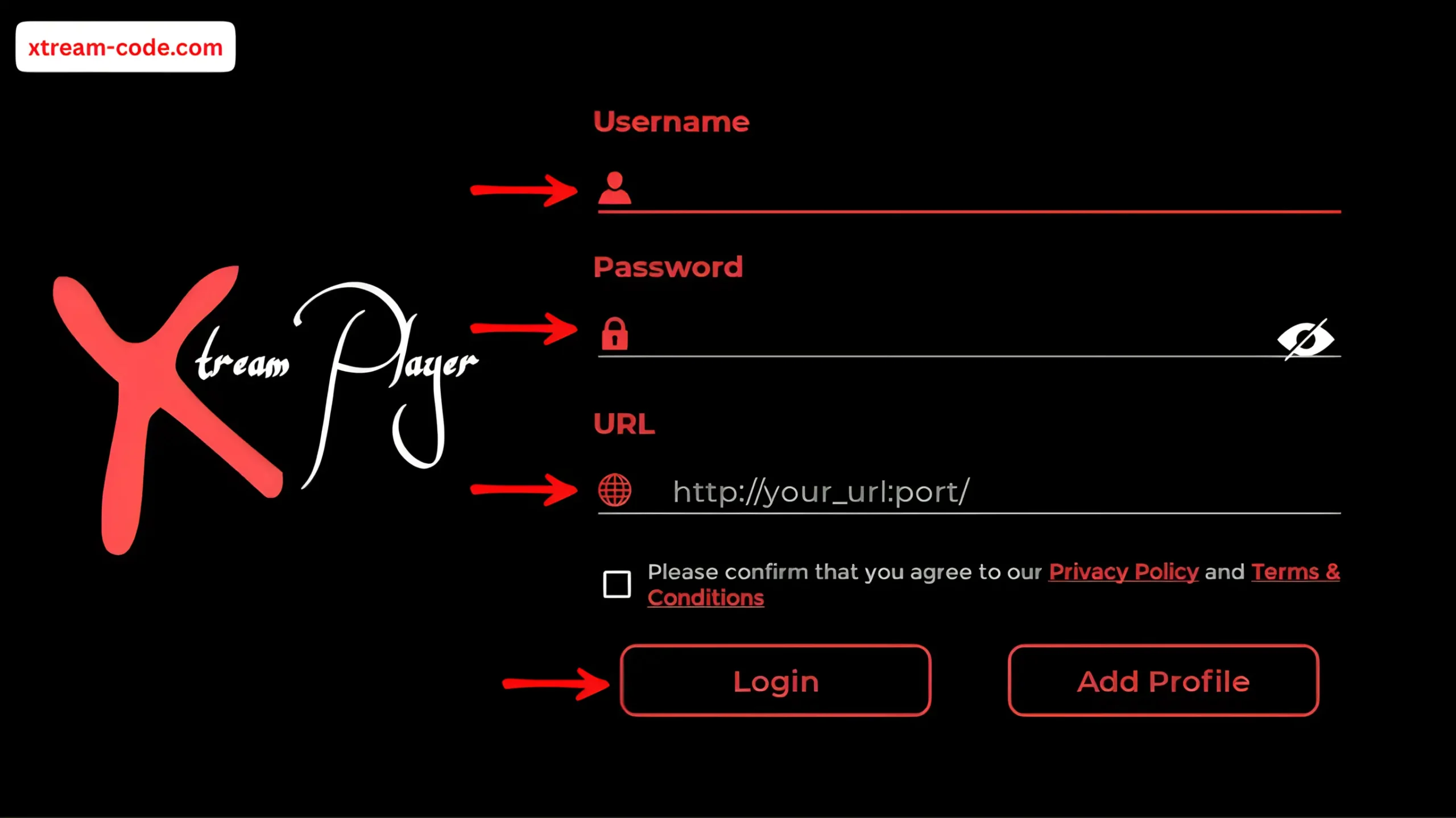Enter your Xtream Code details (Server URL, Username, and Password) and press