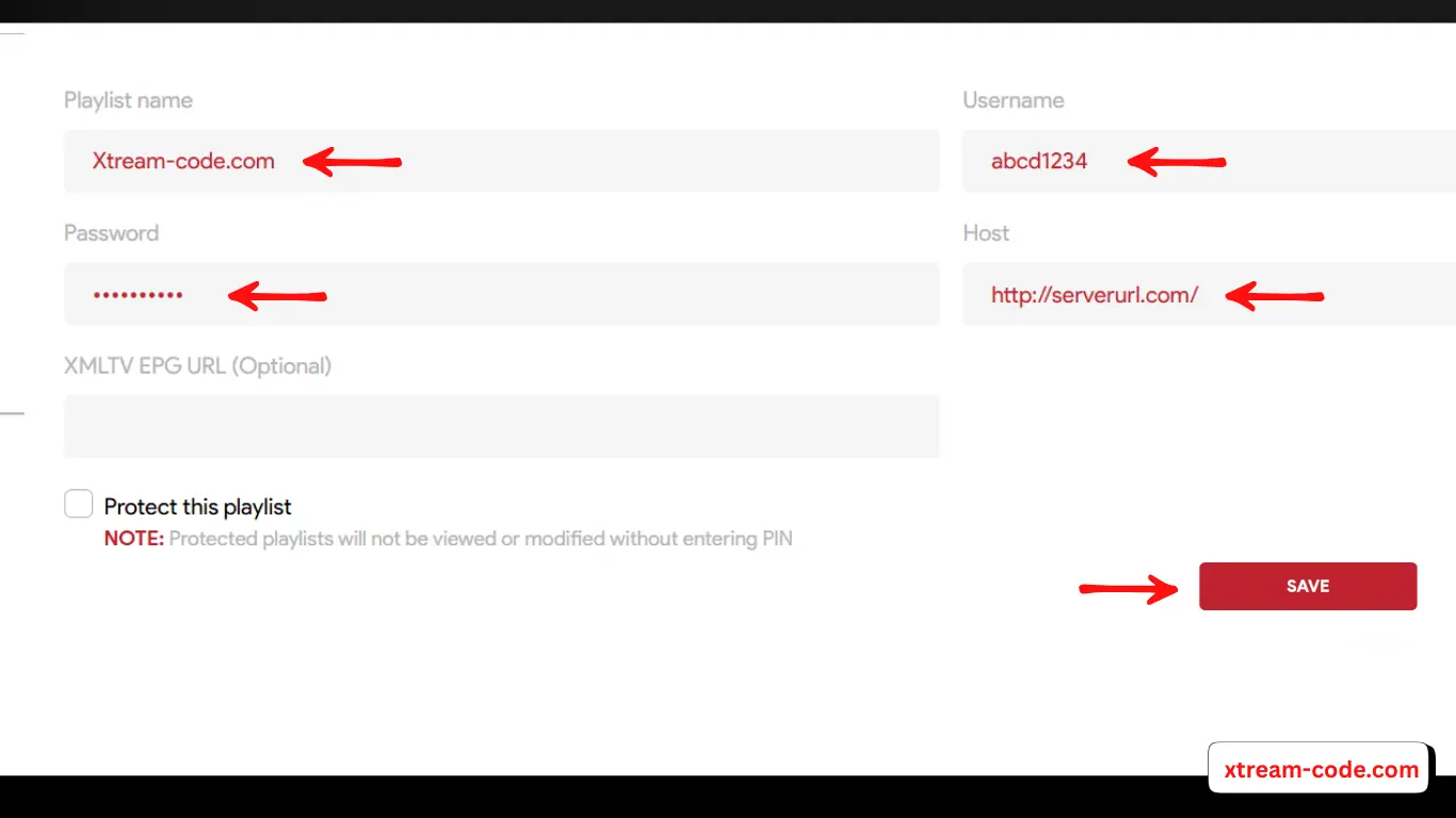 Enter your Xtream Code details (URL, Username, and Password)