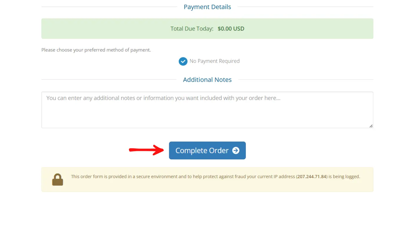 Scroll down and press Complete Order.