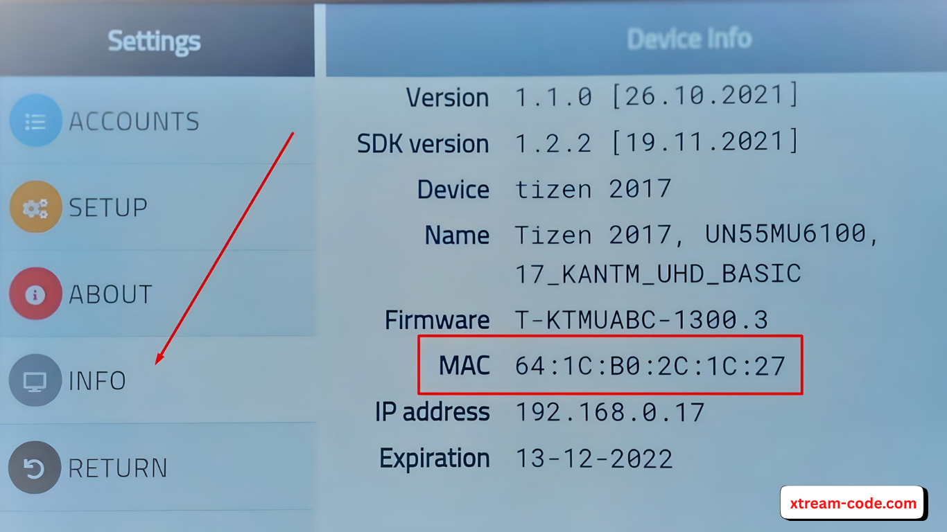 Find the MAC Address displayed under Account Info.